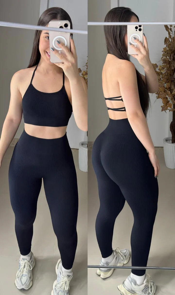 Conjunto legging sem costura canelado power